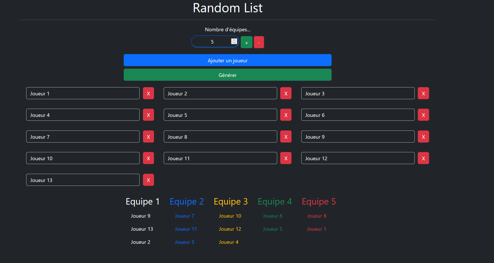 Interface random-list avec treize joueurs répartis en cinq équipes